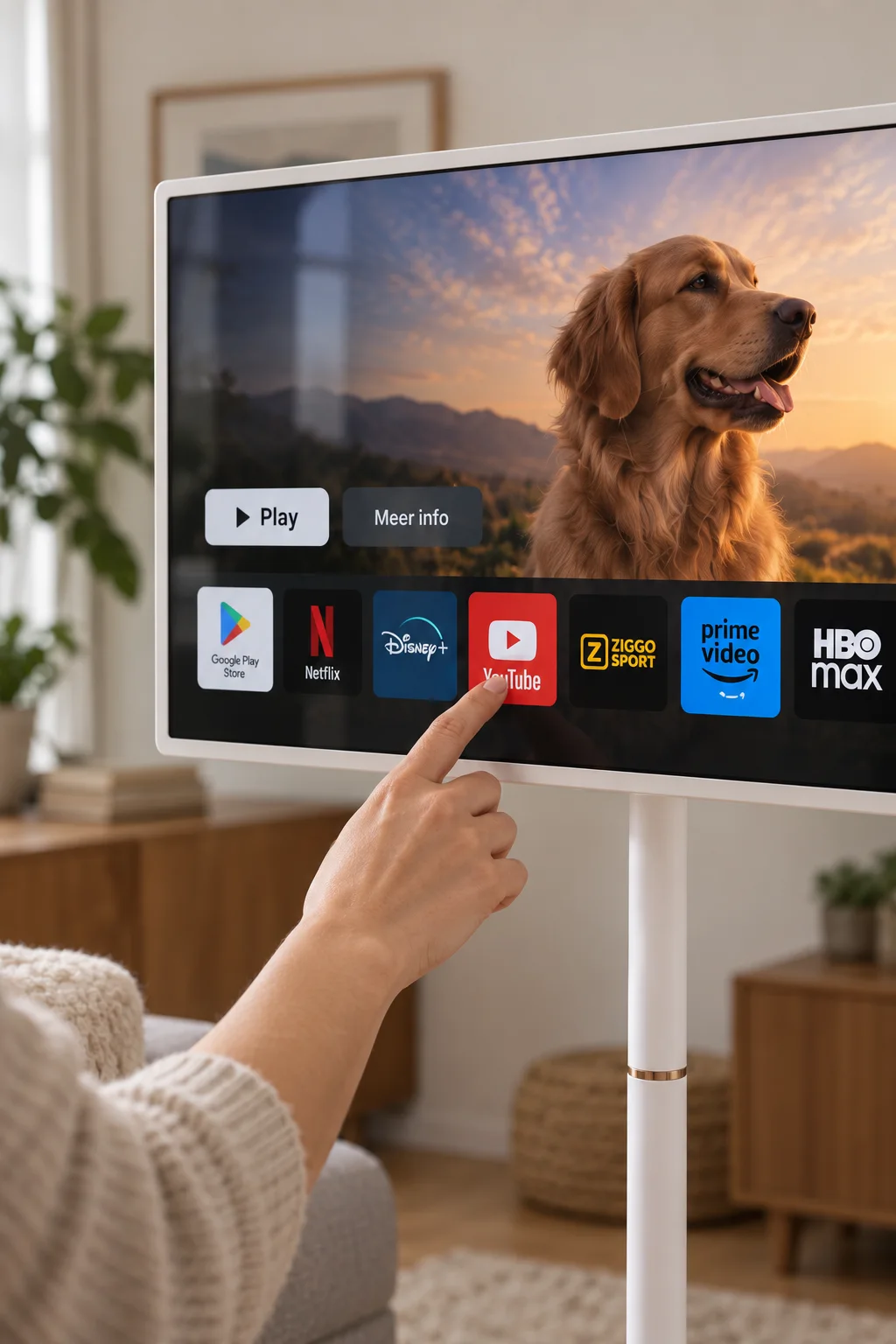 Een hand bedient het IQV Smart Display via het touchscreen