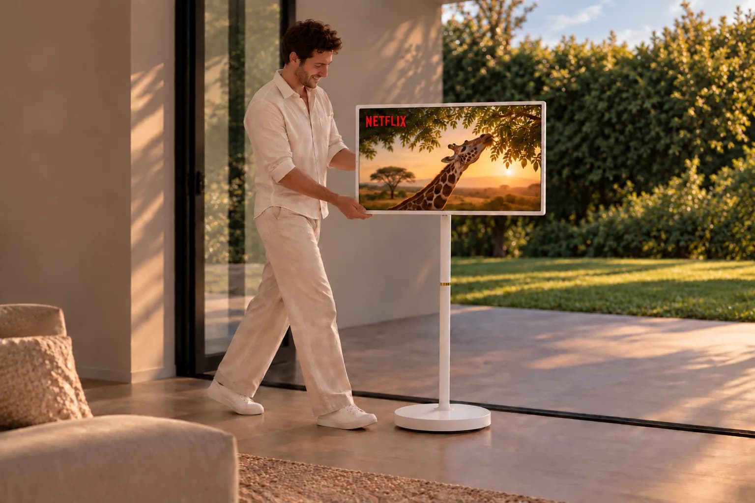 Man rolt het IQV Smart Display van de woonkamer naar het terras